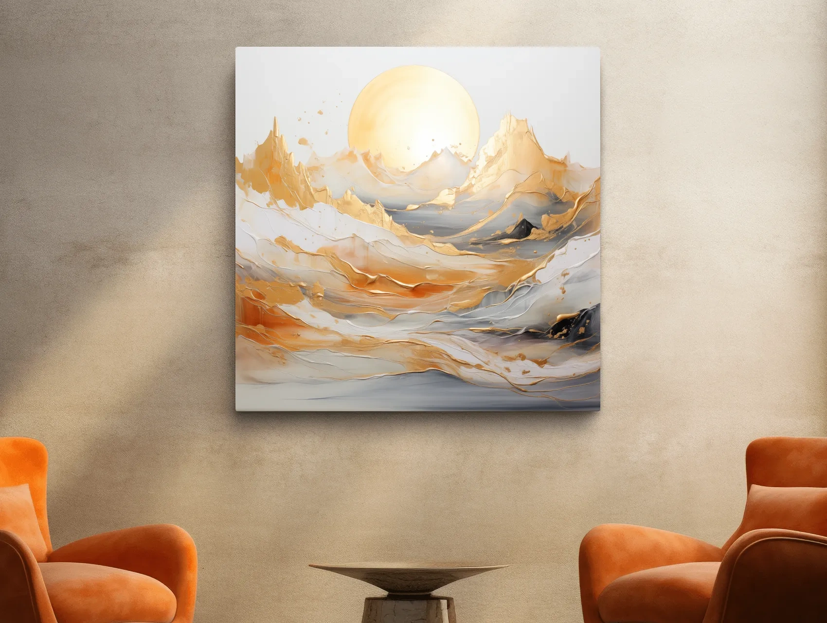 Gold Leaf Abstract Mountains Painting - Minimalist Sunrise Landscape Wall Art