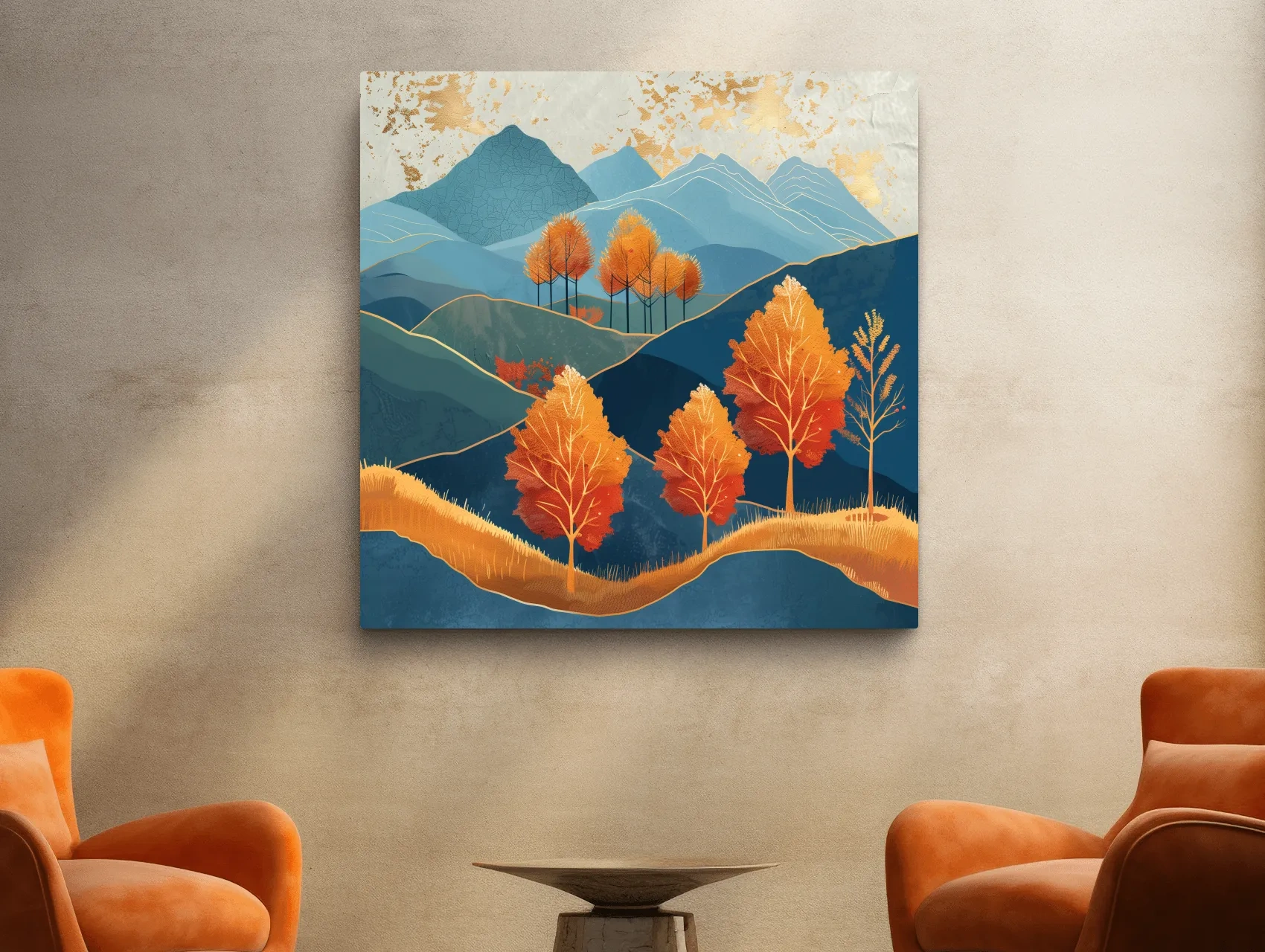 Autumn Aspen Trees In Layered Blue Mountains - Modern Gold Leaf Style Wall Art