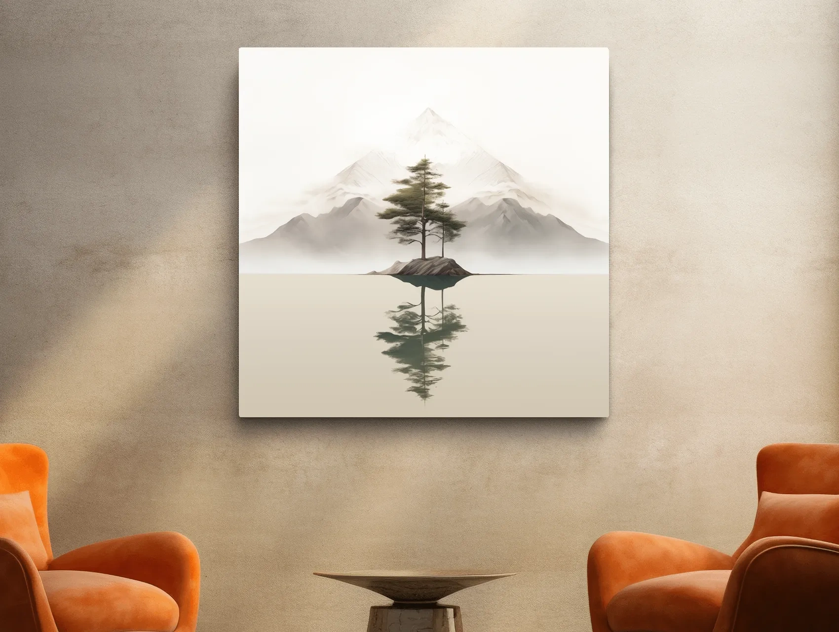 Minimalist Misty Lake Landscape Artwork - Serene Zen Pine Tree Reflection Art