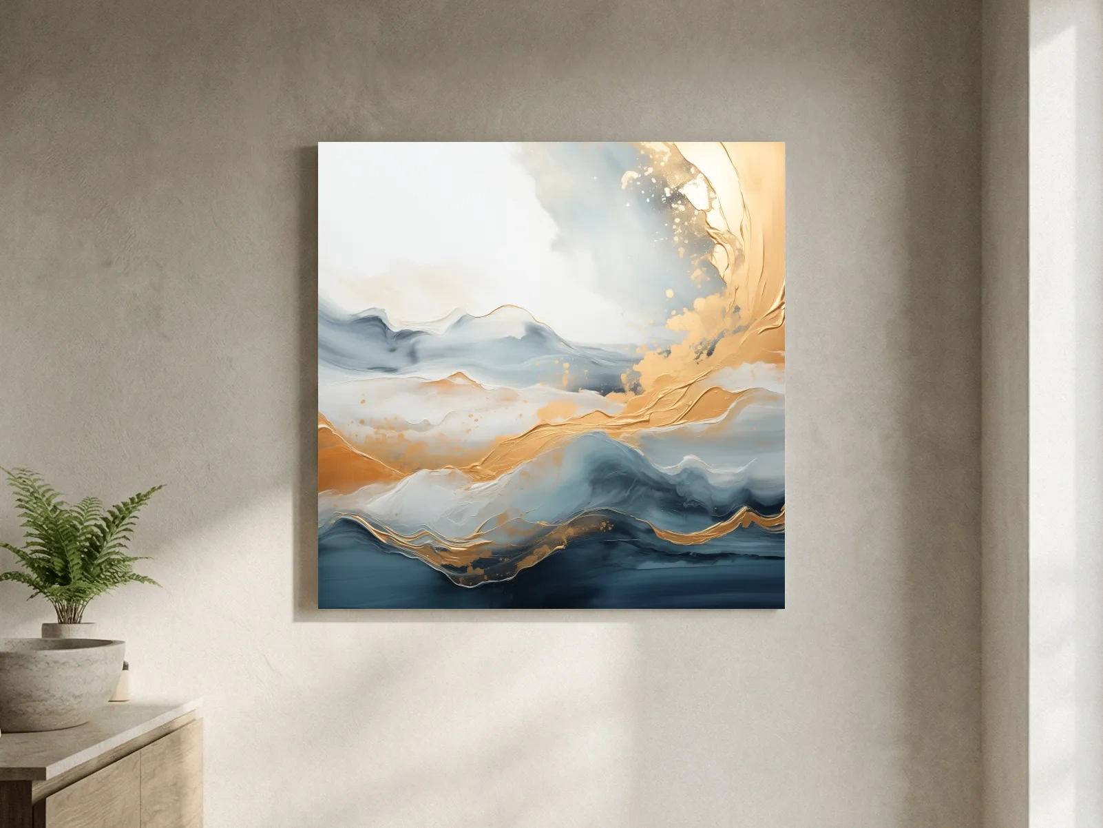 Fluid Abstract Blue And Gold Mountain Landscape - Modern Mixed Media Wall Art
