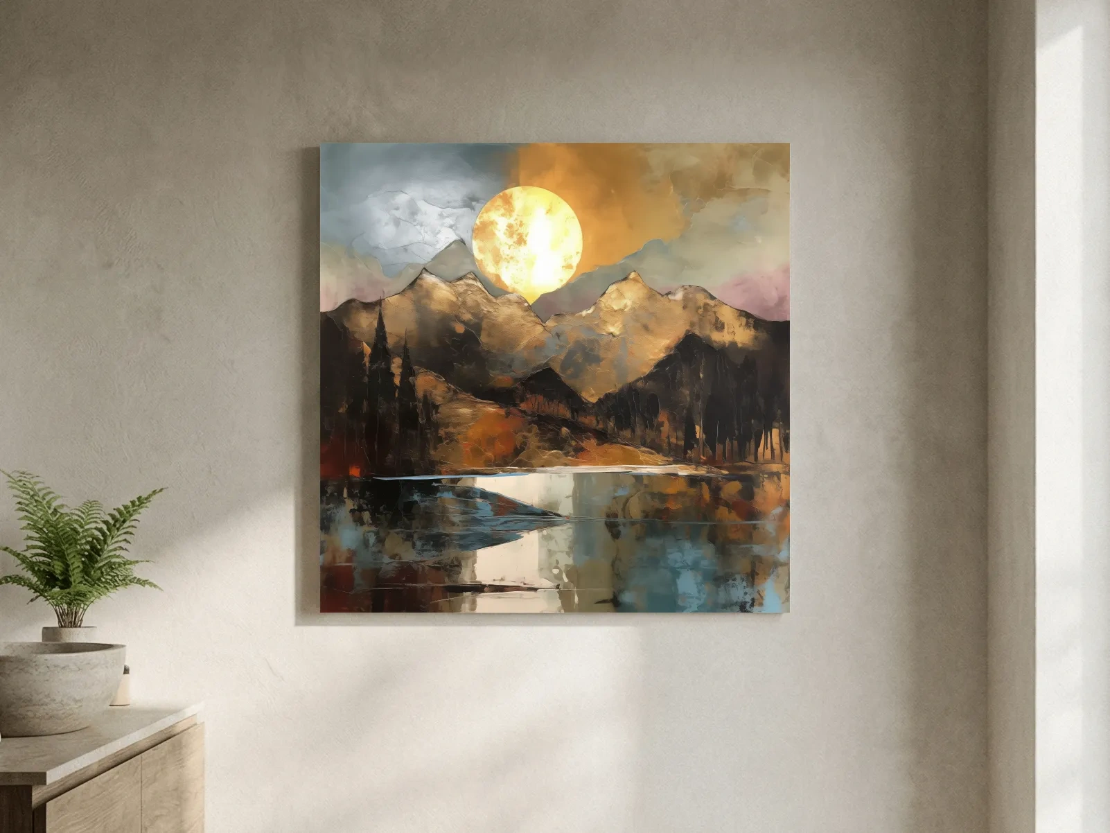 Alpine Mountain Lake Sunset Painting - Golf Leaf Style Wall Art