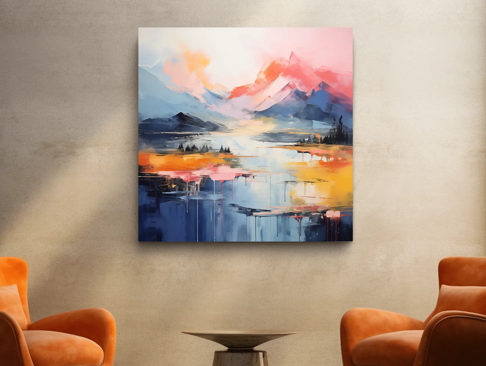 Vibrant Abstract Mountain Lake Sunset Painting - Colorful Modern Landscape Wall Art