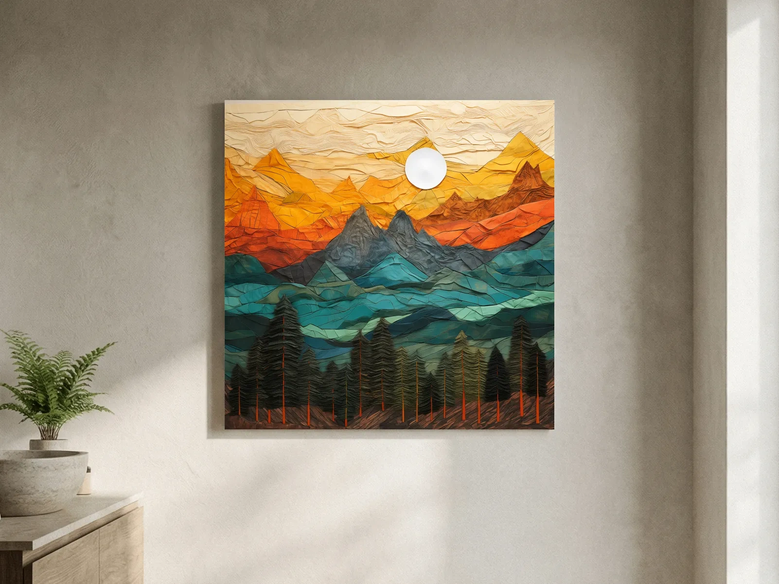 Layered Paper Cut Style Mountain Sunset - Colorful Abstract Forest Landscape Wall Art