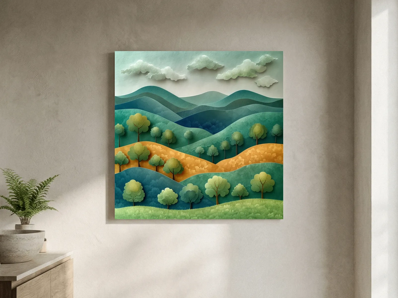 Whimsical Paper Cut Forest Hillscape - Layered 3D Mountains Landscape Wall Art