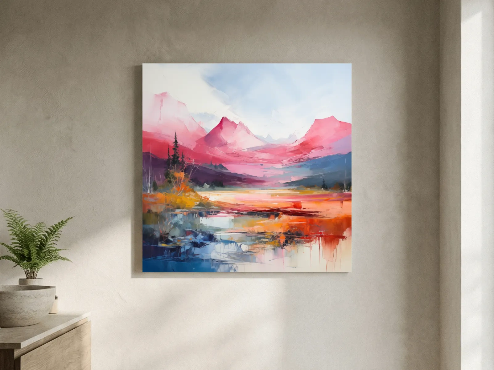 Vibrant Abstract Impressionist Alpine Lake Sunset Painting - Colorful Mountain Wall Art