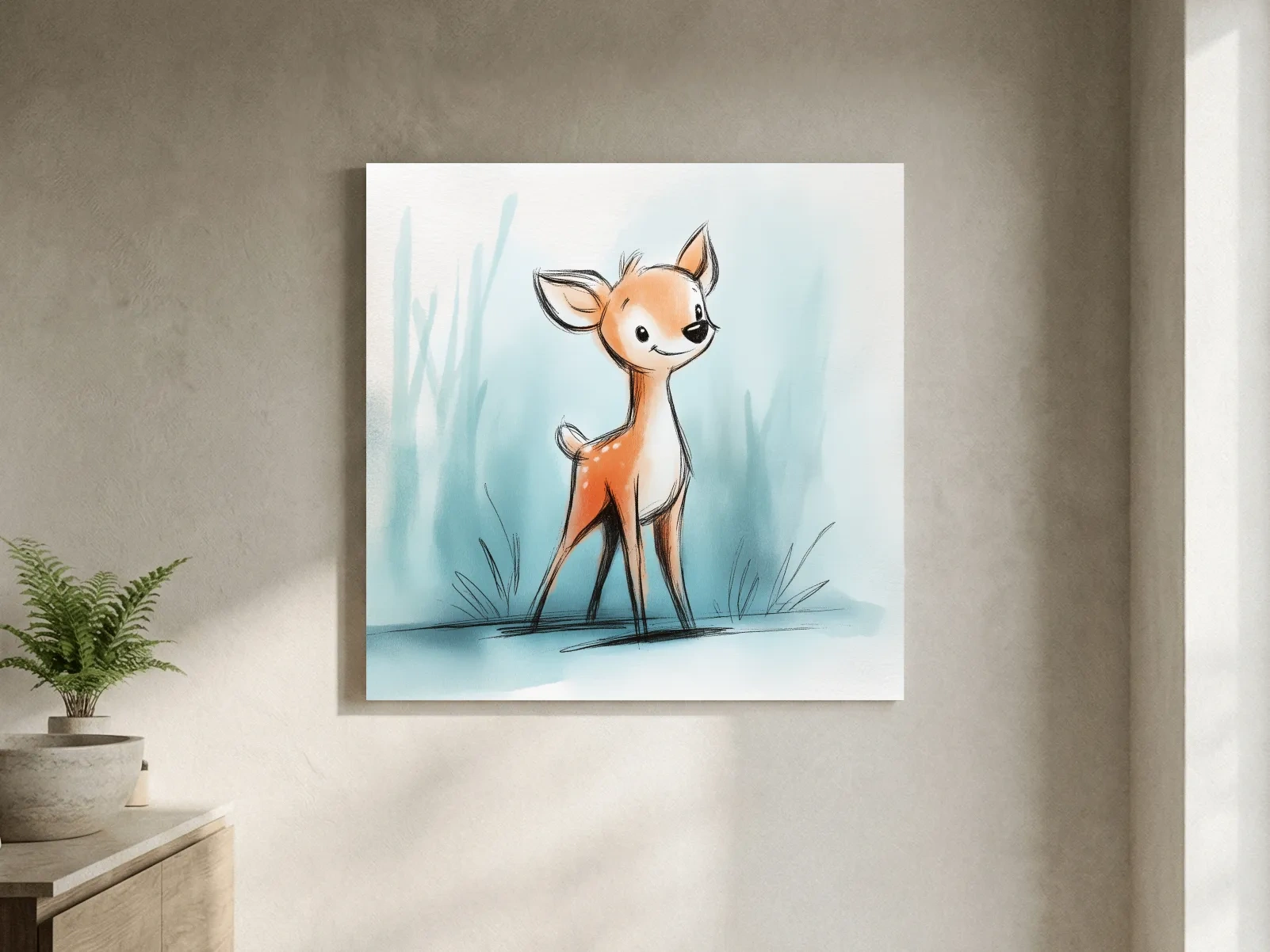 Cute Baby Deer Watercolor Illustration - Whimsical Woodland Nursery Wall Art