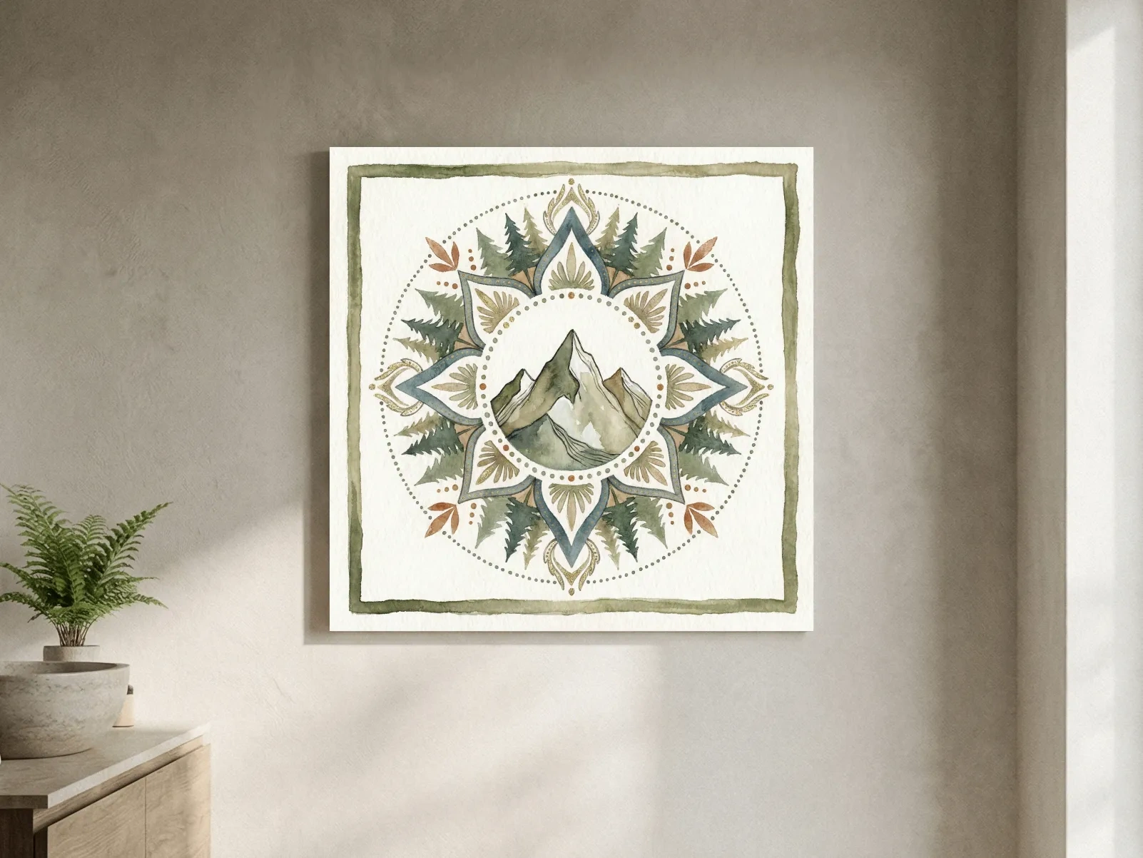 Mountain Mandala Watercolor - Boho Botanical Nature Wall Art