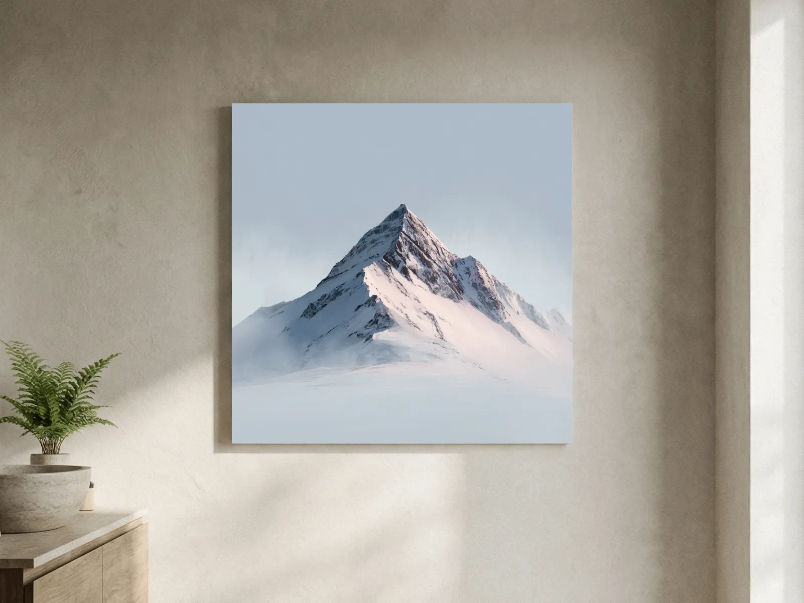 Minimalist Snowy Alpine Peak Painting - Serene Winter Mountain Wall Art