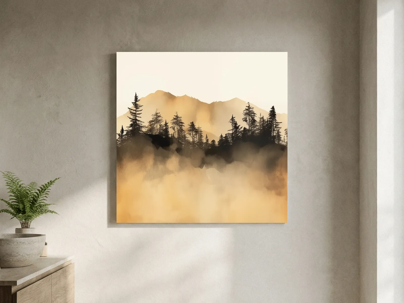 Misty Golden Mountain Pine Forest - Sepia Watercolor Landscape Wall Art