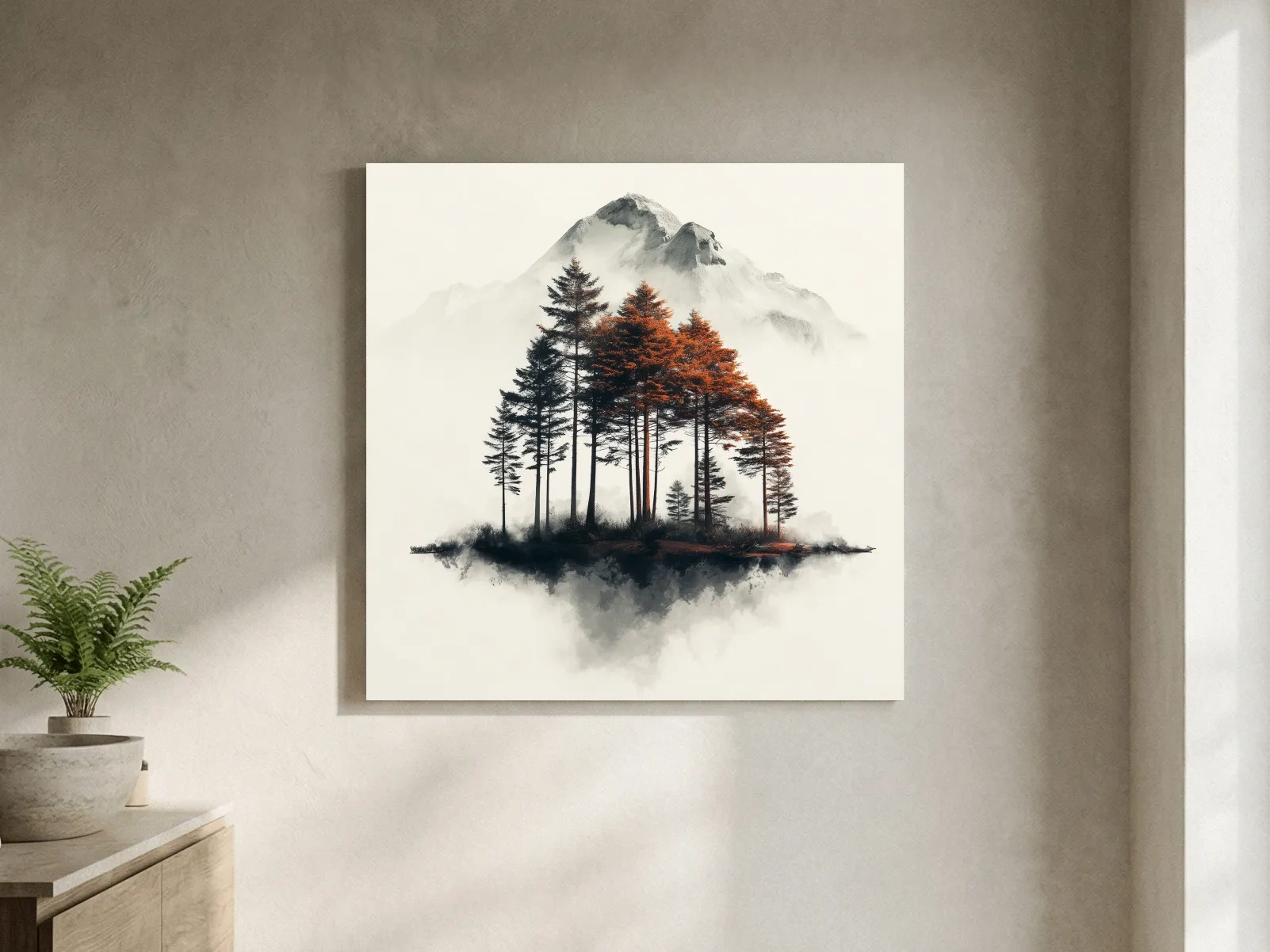 Misty Mountain Pine Forest Watercolor - Autumn Landscape Wall Art
