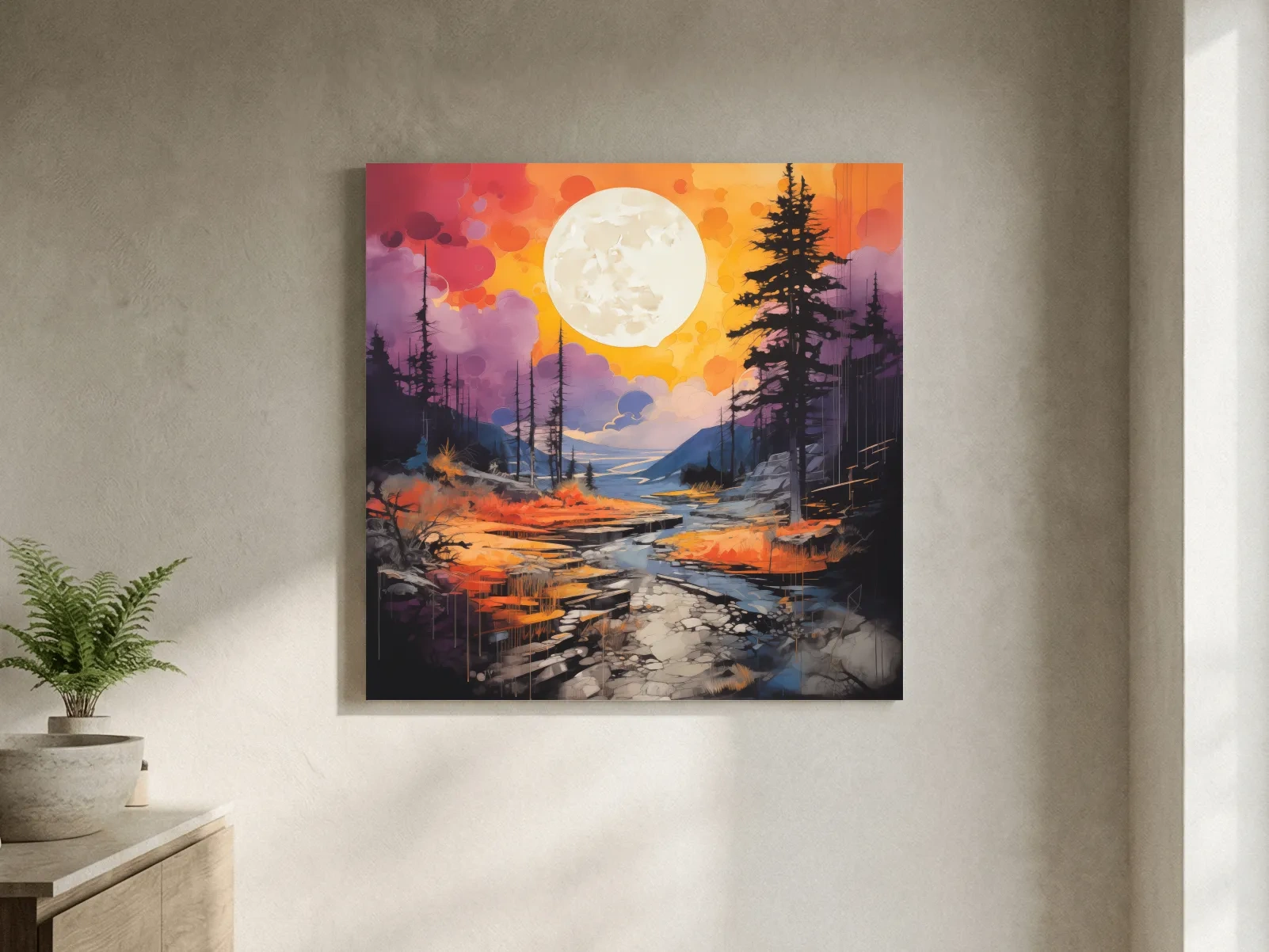 Vibrant River Valley Landscape Illustration - Abstract Sunset Forest Wall Art