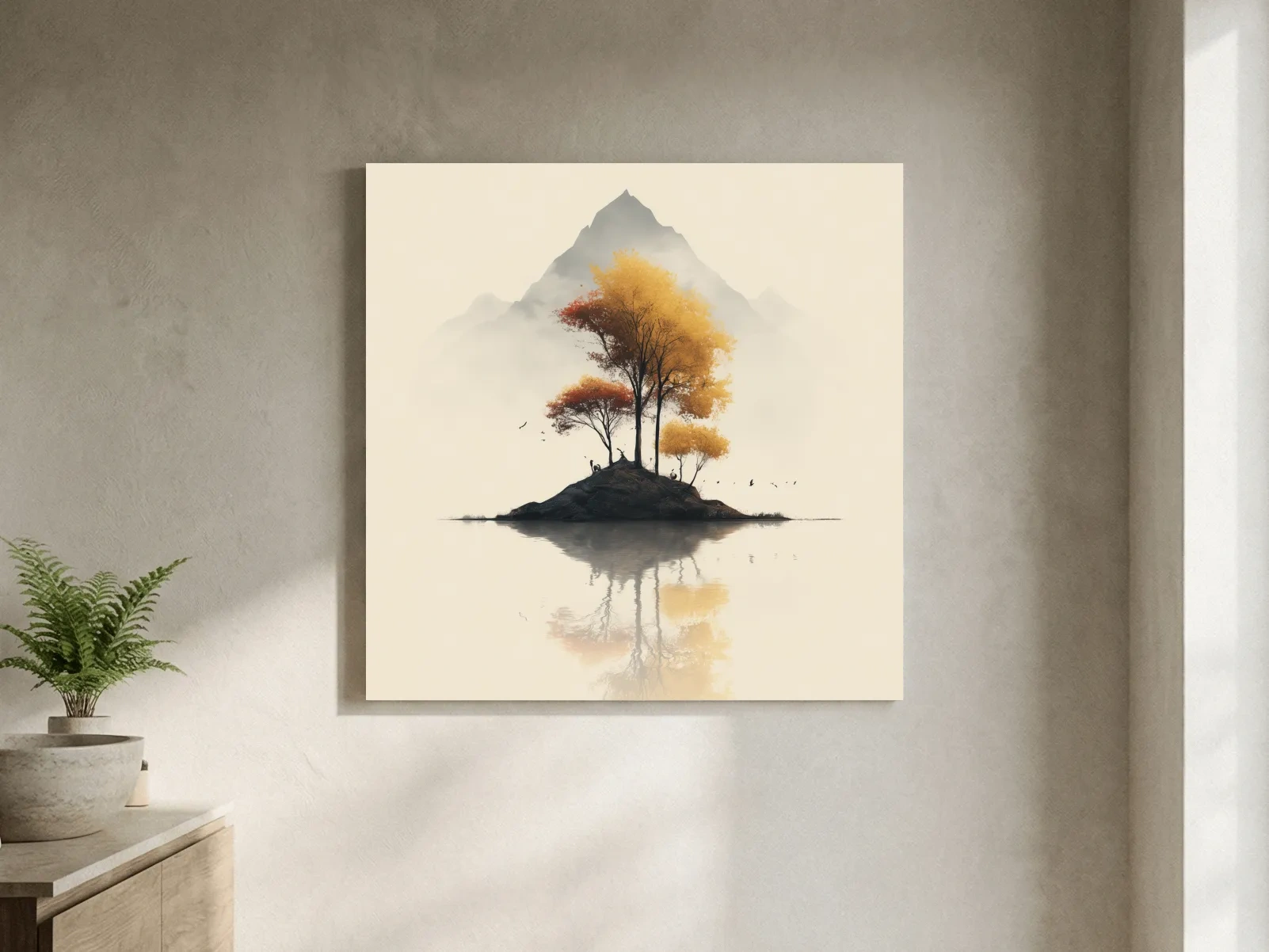 Minimalist Autumn Trees On Misty Lake Island - Serene Mountain Landscape Wall Art