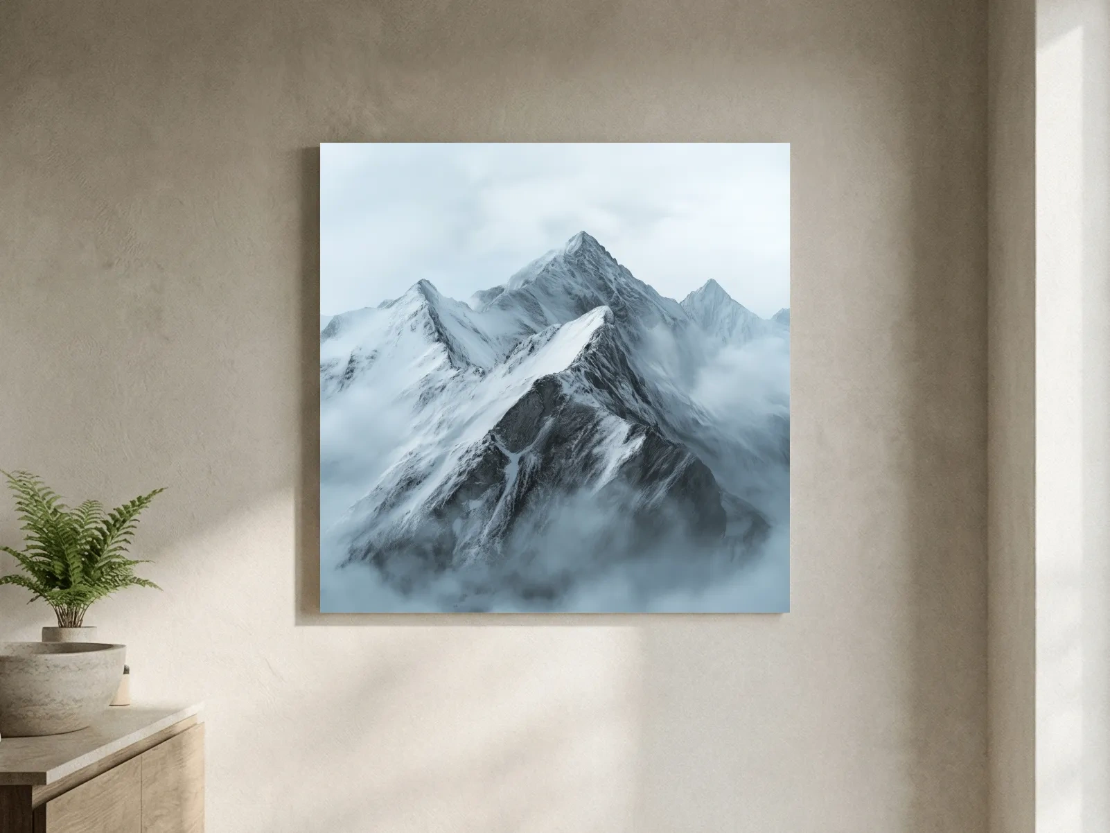 Misty Snowcapped Alpine Peak Landscape - Monochrome Photographic Mountain Wall Art