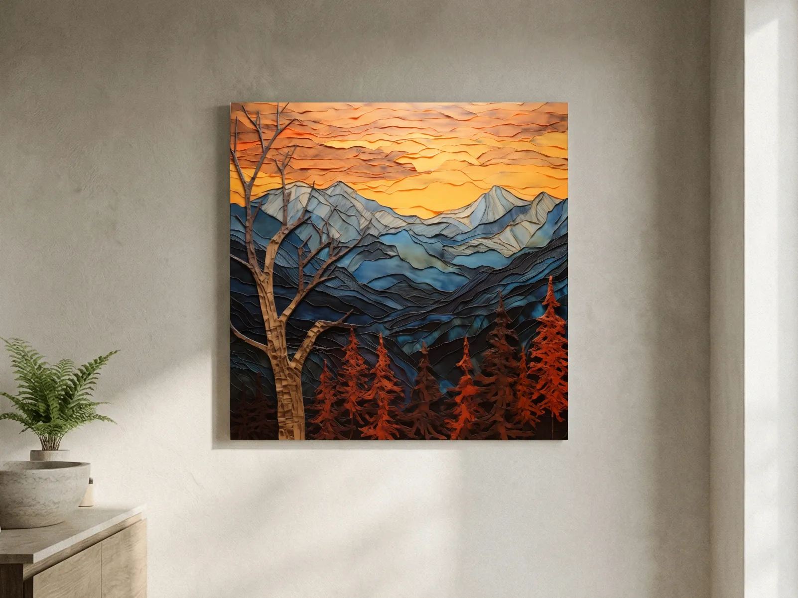 Layered Paper Cut Alpine Mountain Sunset - Mixed Media 3D Landscape Wall Art