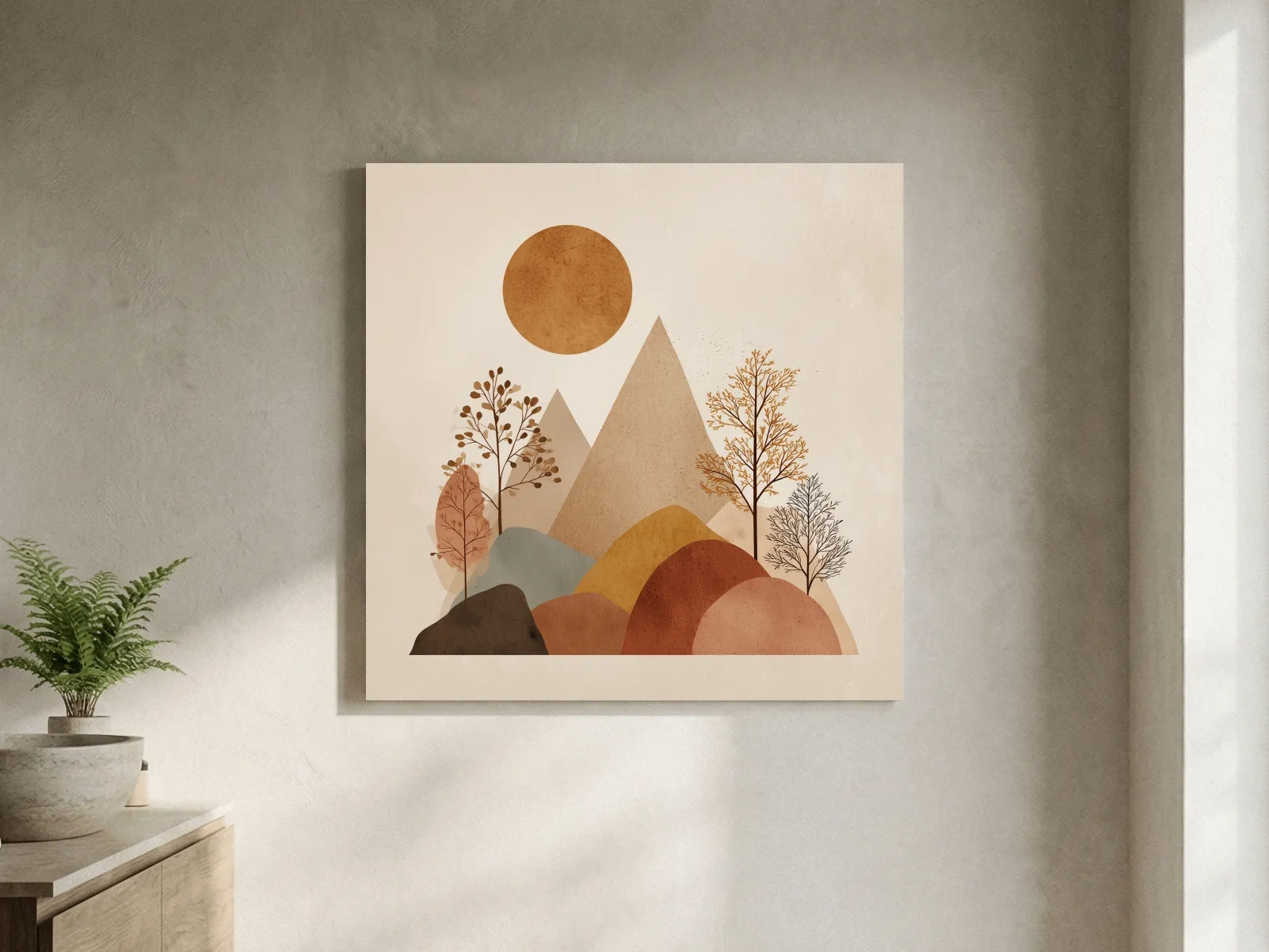 Minimalist Scandi Mountain Sunset Landscape - Boho Neutral Earth Tone Wall Art