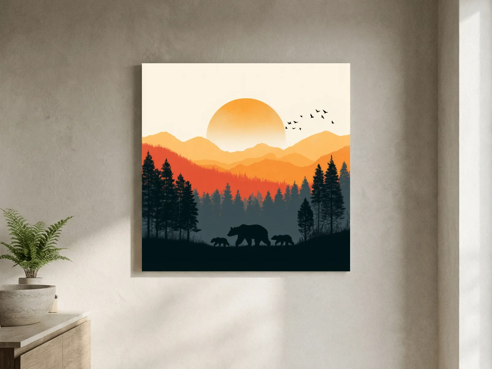 Sunset Mama Bear & Cubs Silhouette - Wildlife Forest Landscape Wall Art