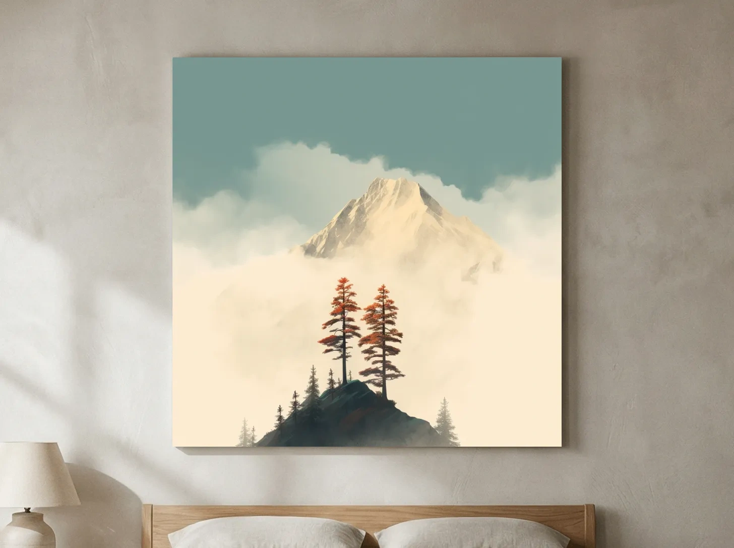 Misty Alpine Peak With Autumn Pines - Minimalist Mountain Artwork