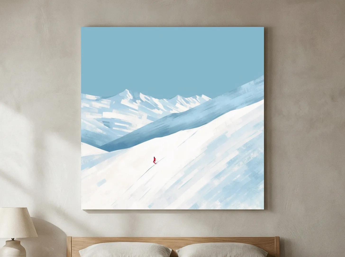 Minimalist Snowy Mountain Skier Painting - Alpine Winter Wall Art