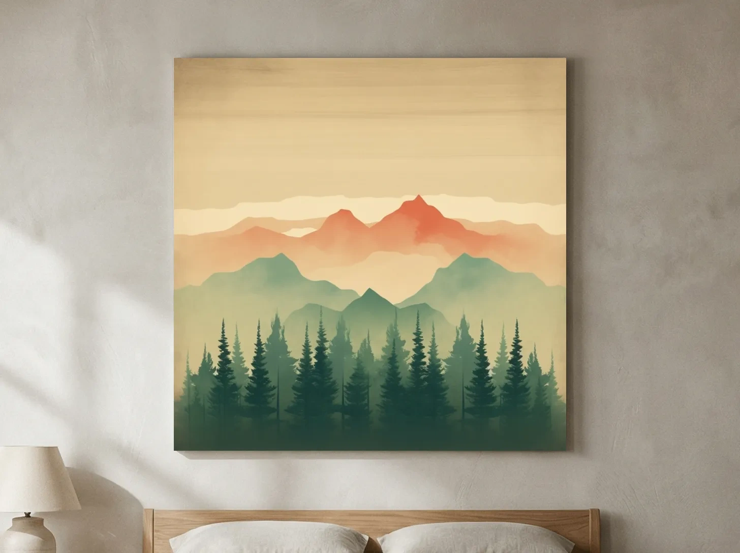 Misty Watercolor Mountain Range Sunrise - Pine Forest Landscape Artwork