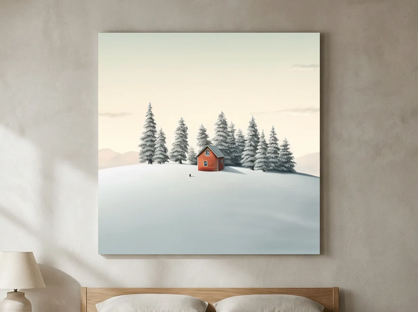 Minimalist Snowy Cabin In Pine Forest - Serene Winter Landscape Wall Art