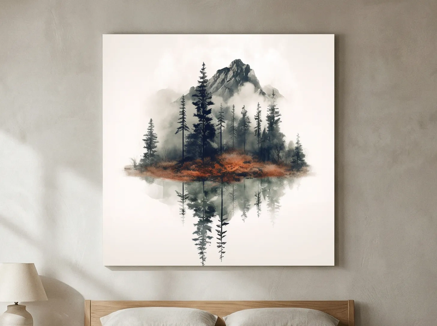 Minimalist Mountain Lake Reflection Watercolor - Moody Pine Forest Landscape Wall Art