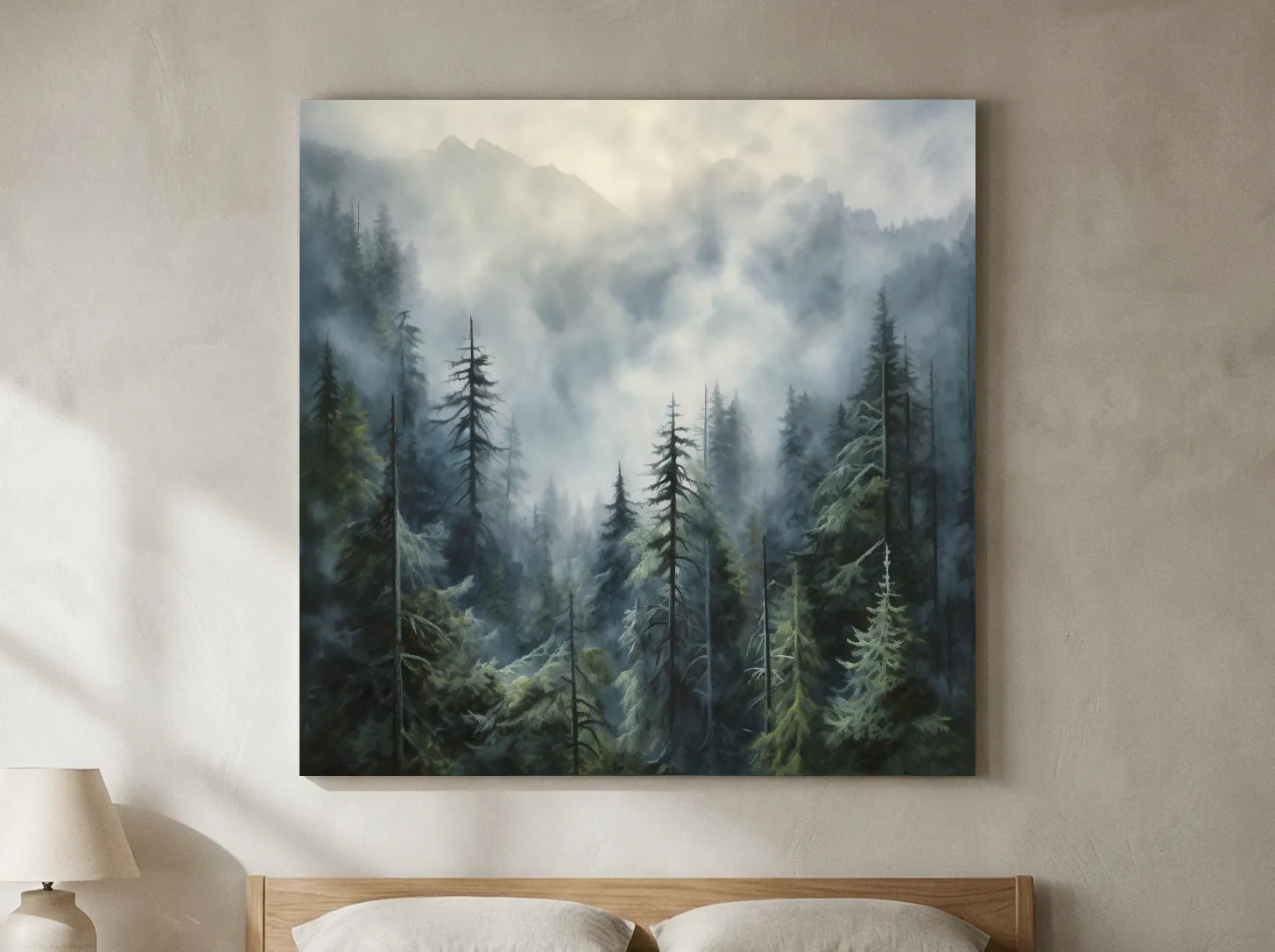 Moody Misty Pine Forest Mountains - Atmospheric Landscape Painting Wall Art