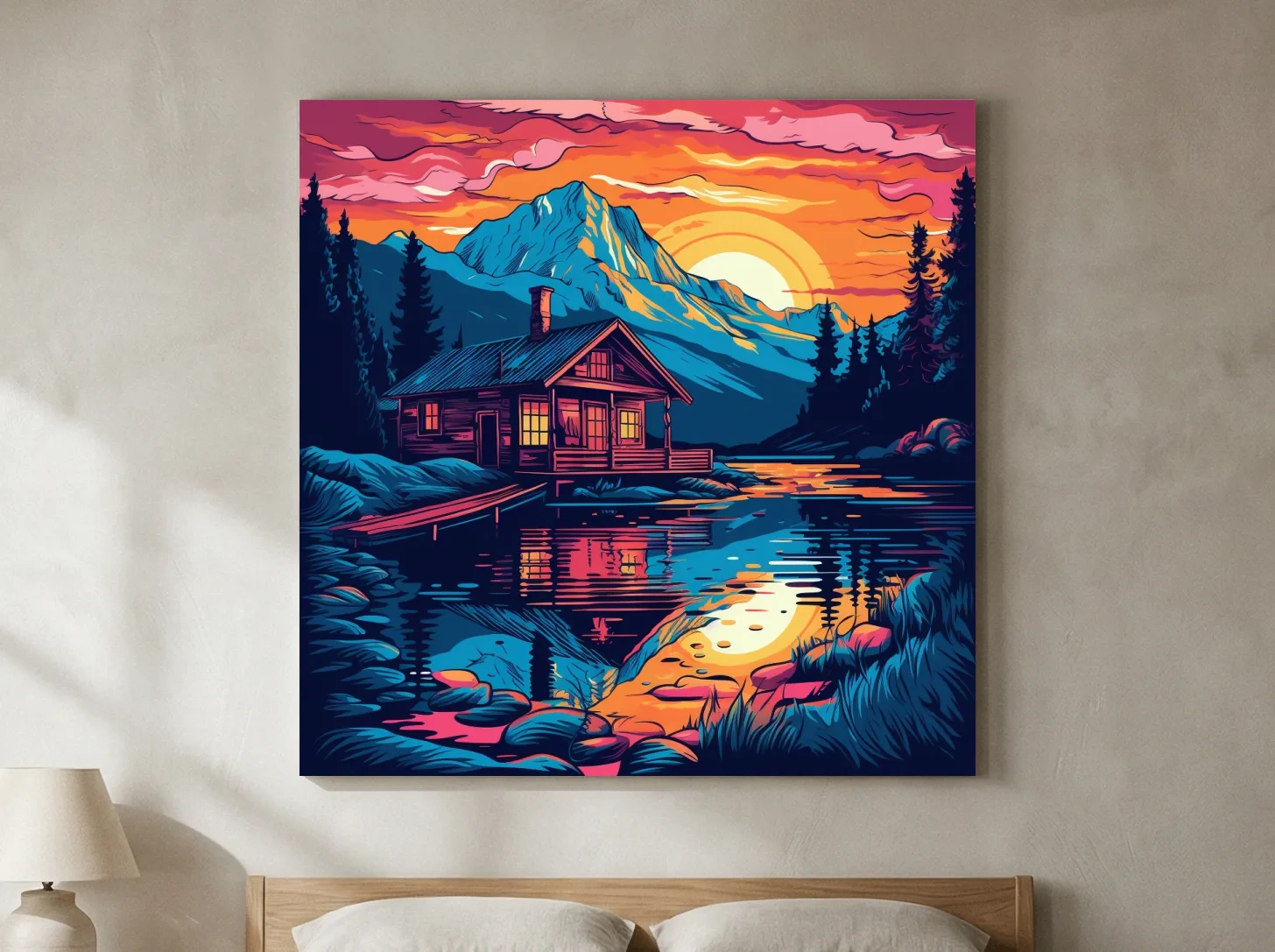Vibrant Retro Alpine Lake Cabin Sunset - Vector Mountain Wall Art