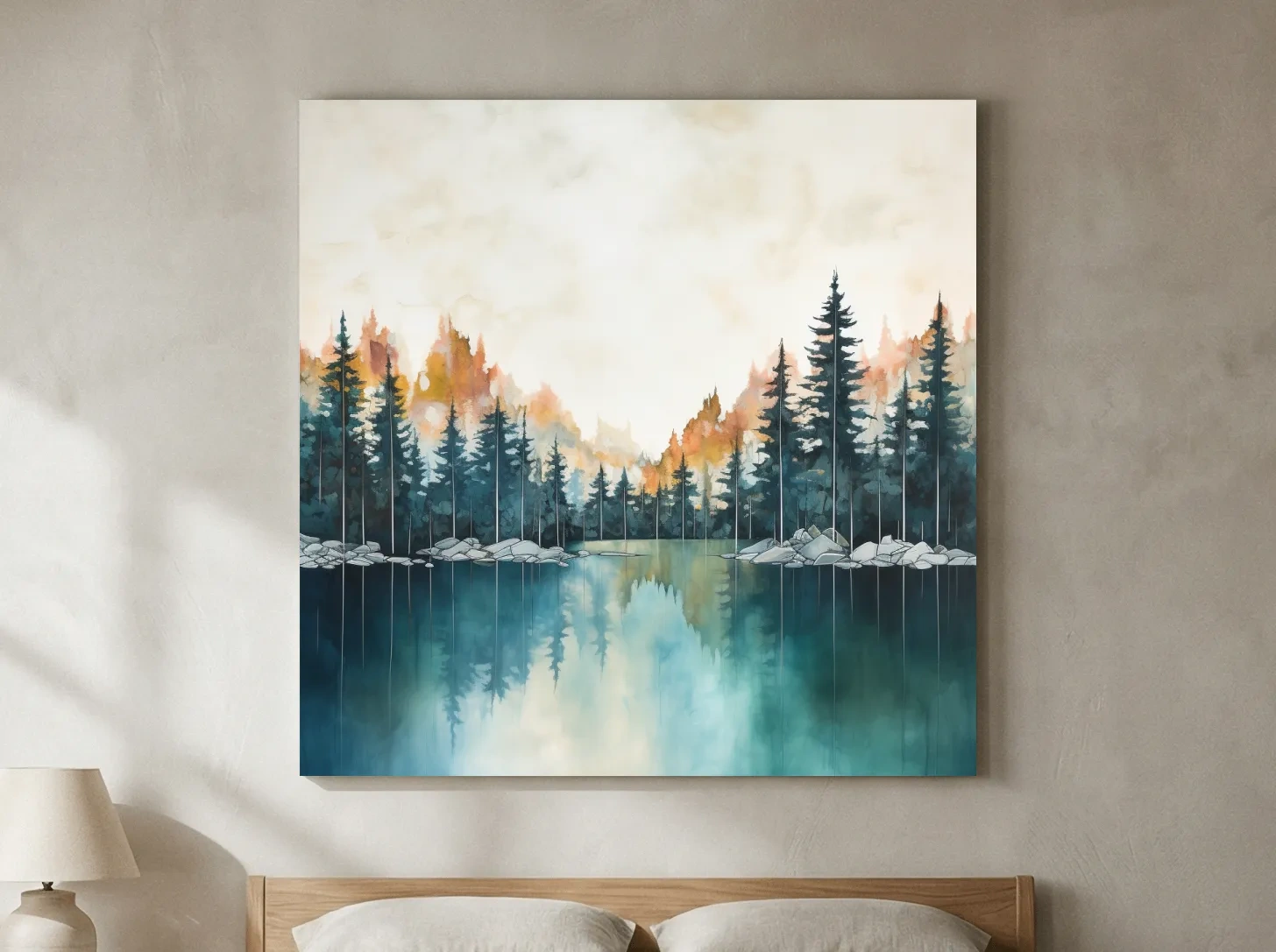 Misty Forest Lake Watercolor Painting - Serene Landscape Wall Art