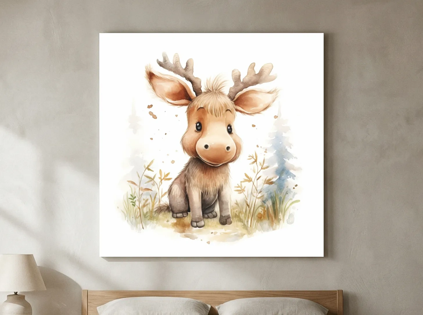 Cute Baby Moose Watercolor Illustration - Woodland Nursery Animal Wall Art