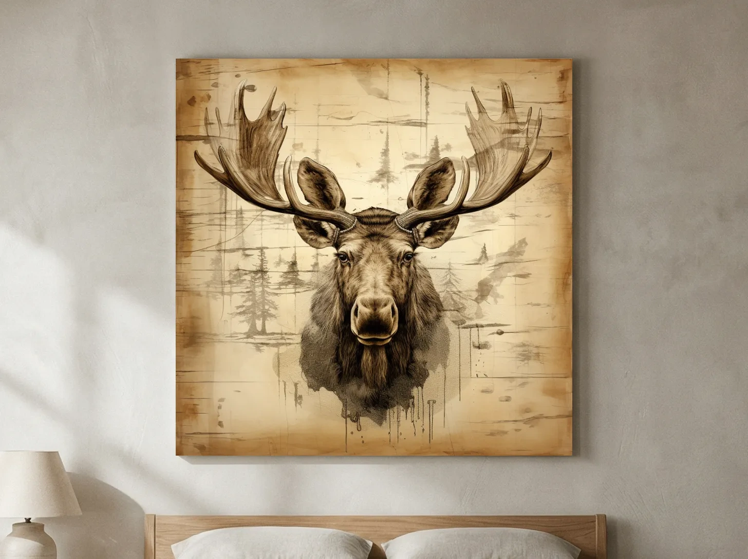 Rustic Sepia Moose Portrait Sketch - Vintage Lodge Wildlife Wall Art