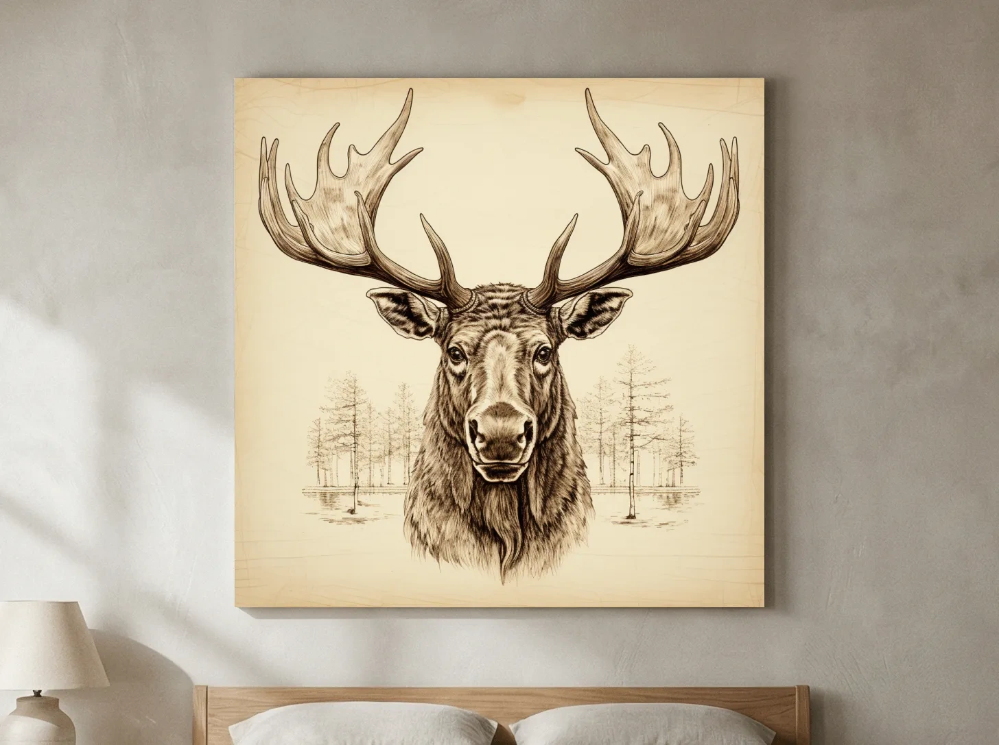 Rustic Sepia Moose Head Sketch - Vintage Woodland Wildlife Wall Art