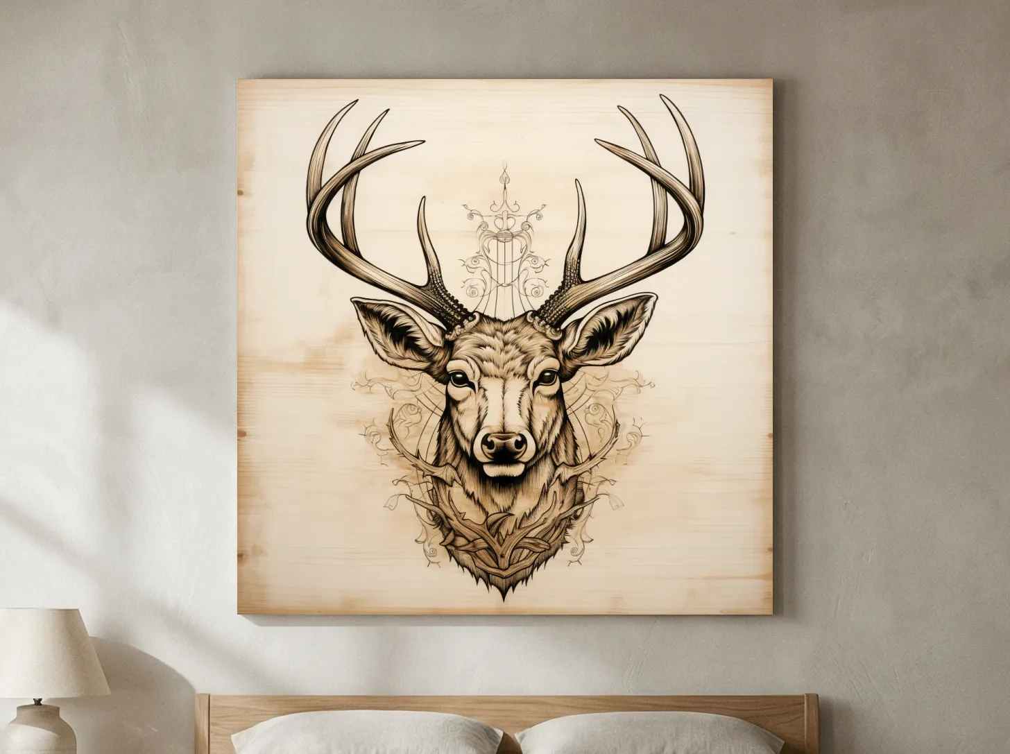 Ornate Deer Head on Wood Sketch Illustration - Rustic Wildlife Wall Art