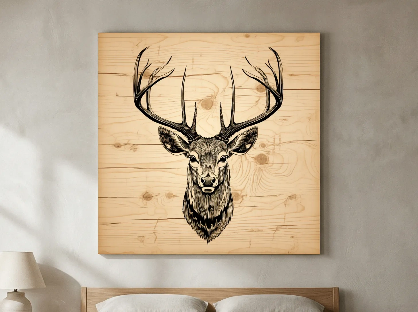 Rustic Engraved Wood Deer Head Illustration - Lodge Wildlife Wall Art