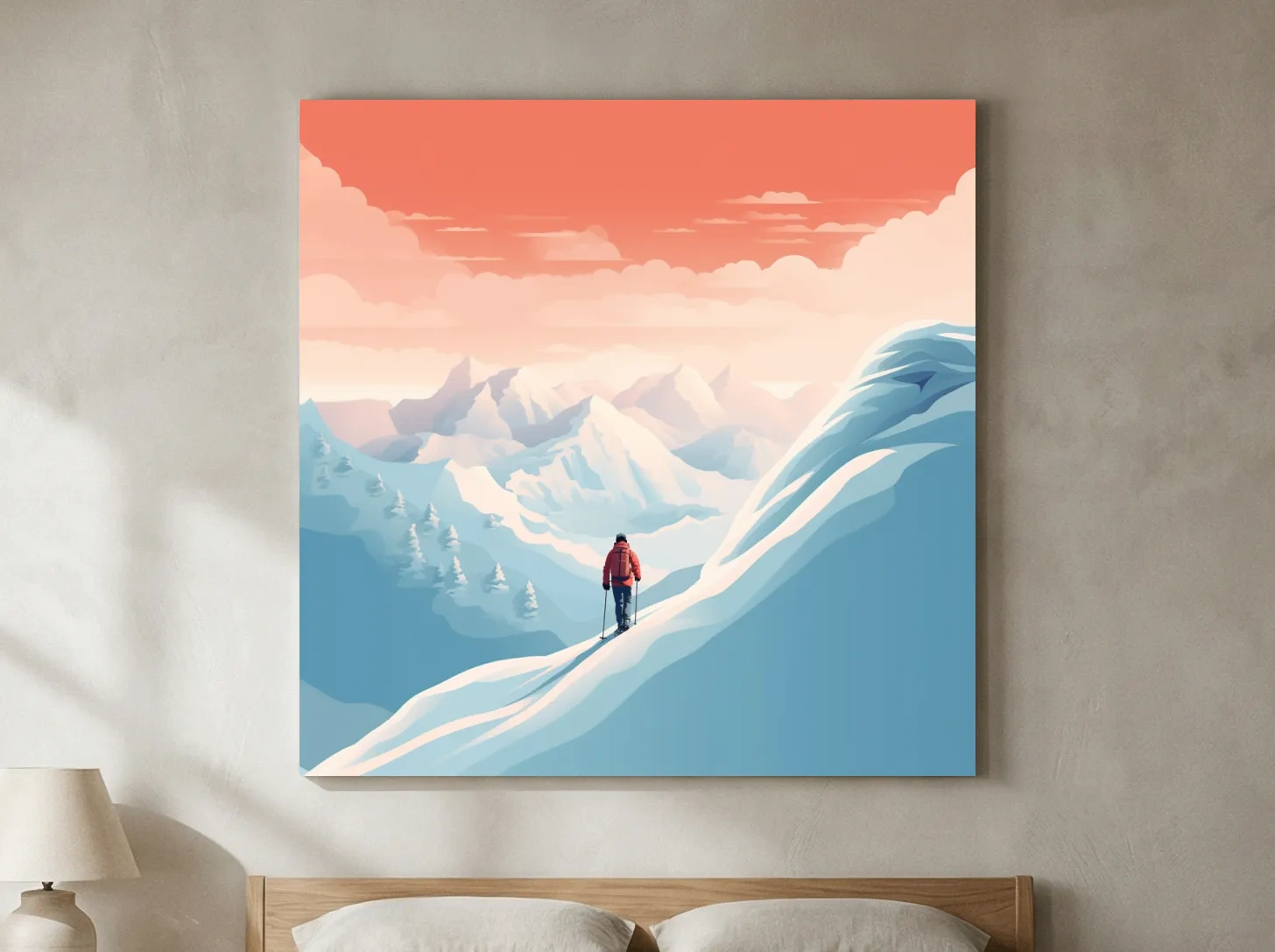 Minimalist Backcountry Skier Illustration - Pastel Alpine Landscape Wall Art