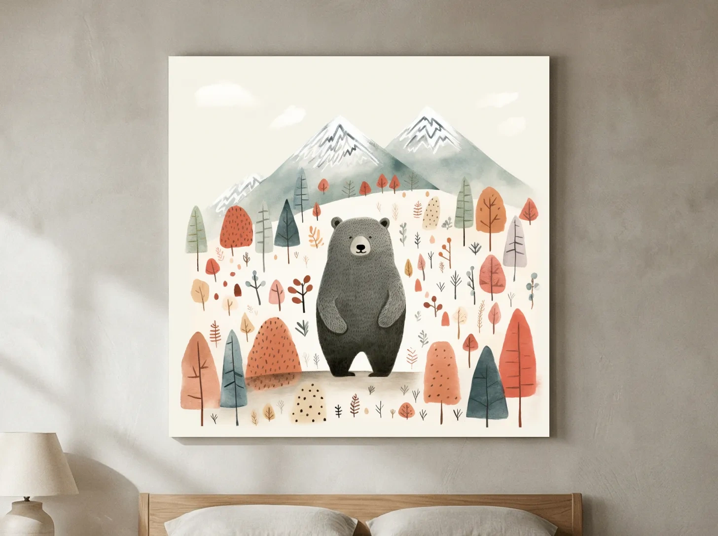 Cute Bear In Autumn Mountains - Scandinavian Nursery Woodland Animal Wall Art