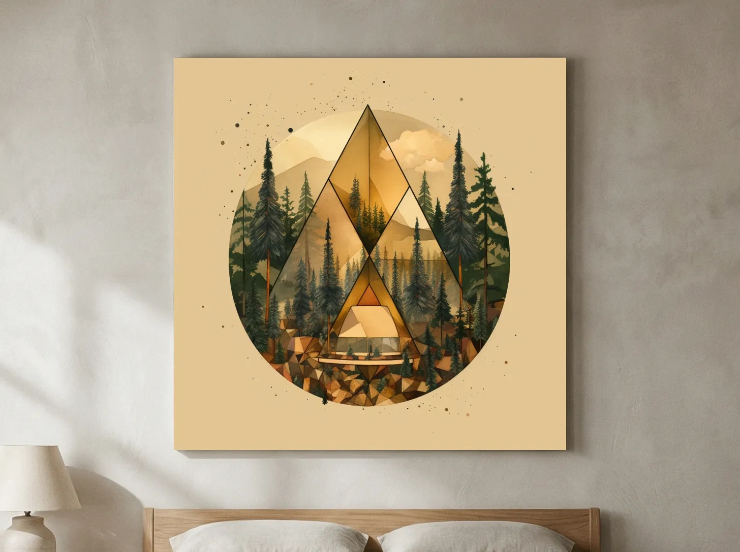 Geometric Mountain Cabin Forest Landscape - Modern Abstract Nature Wall Art