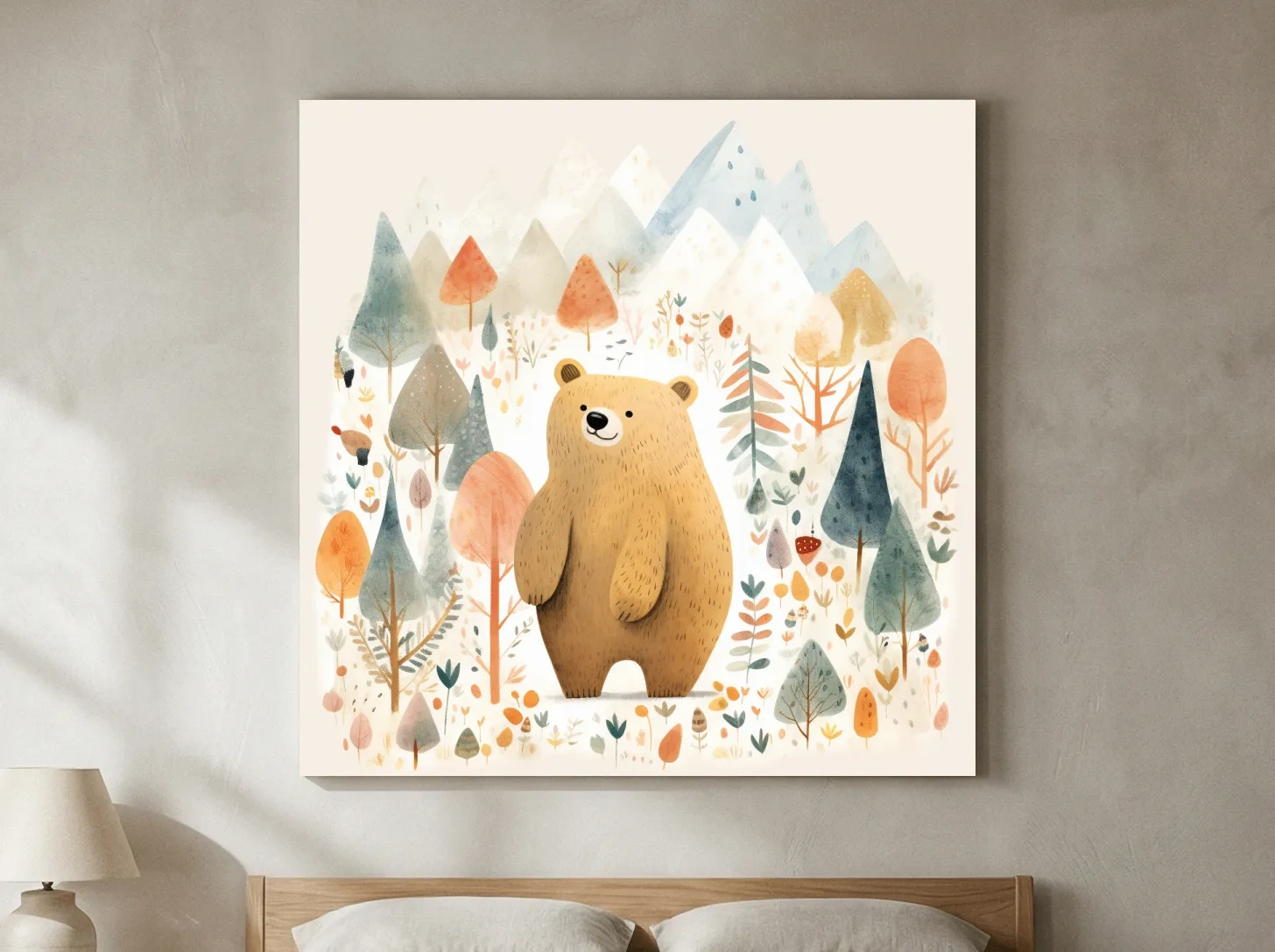 Cute Watercolor Bear In Mountain Forest - Whimsical Nursery Wall Art