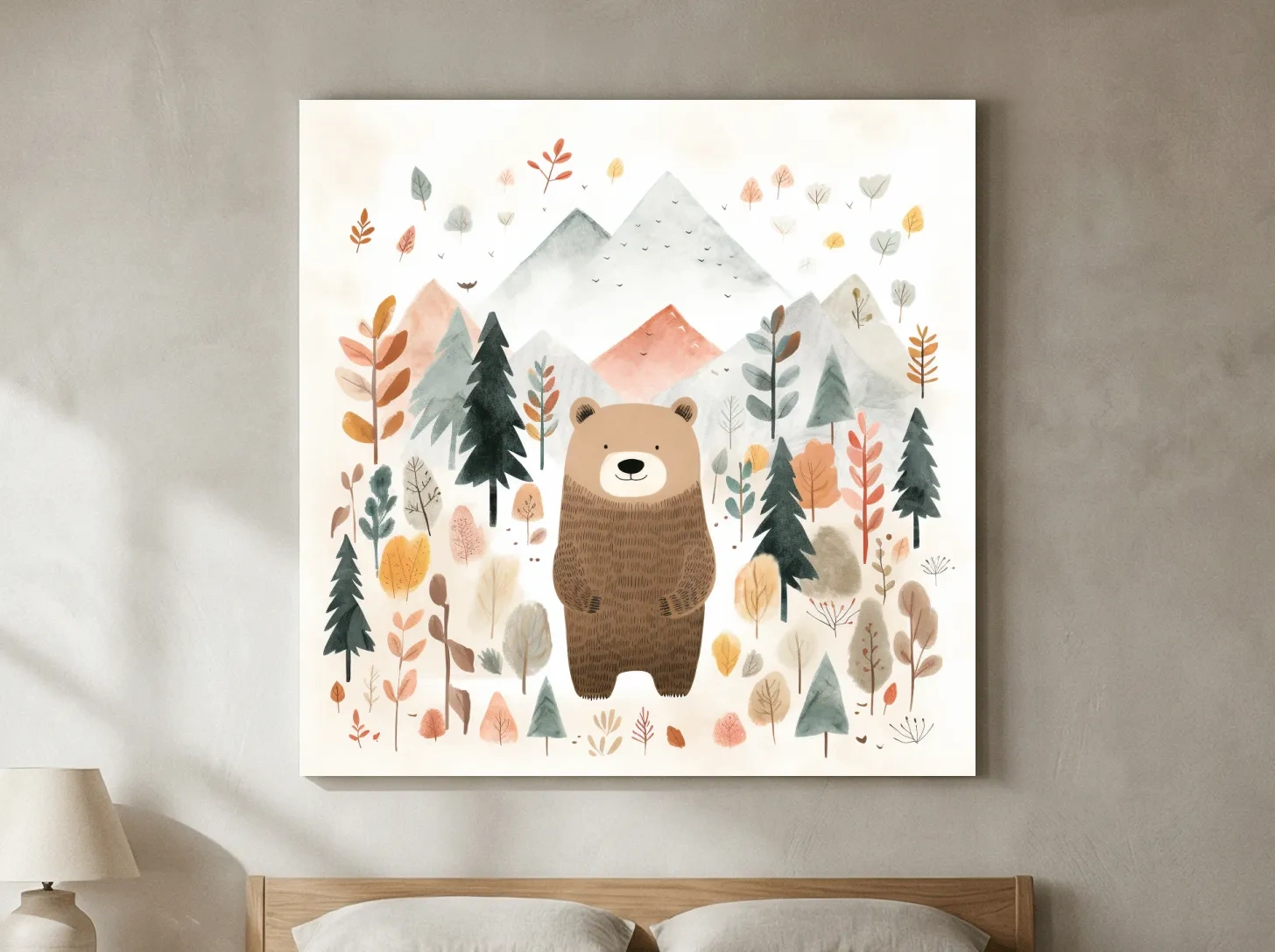 Cute Watercolor Bear Bear In Forest - Whimsical Mountain Nursery Wall Art