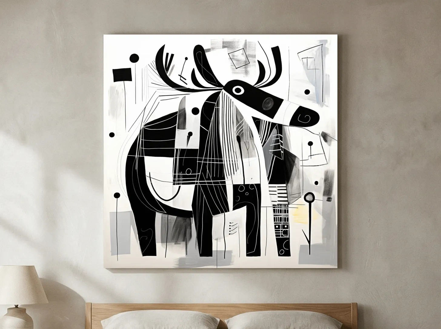 Abstract Monochrome Moose Illustration - Modern Geometric Wildlife Wall Art