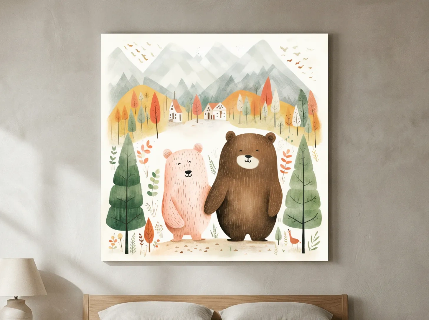 Cute Bear Couple Watercolor Illustration - Whimsical Mountain Forest Nursery Wall Art