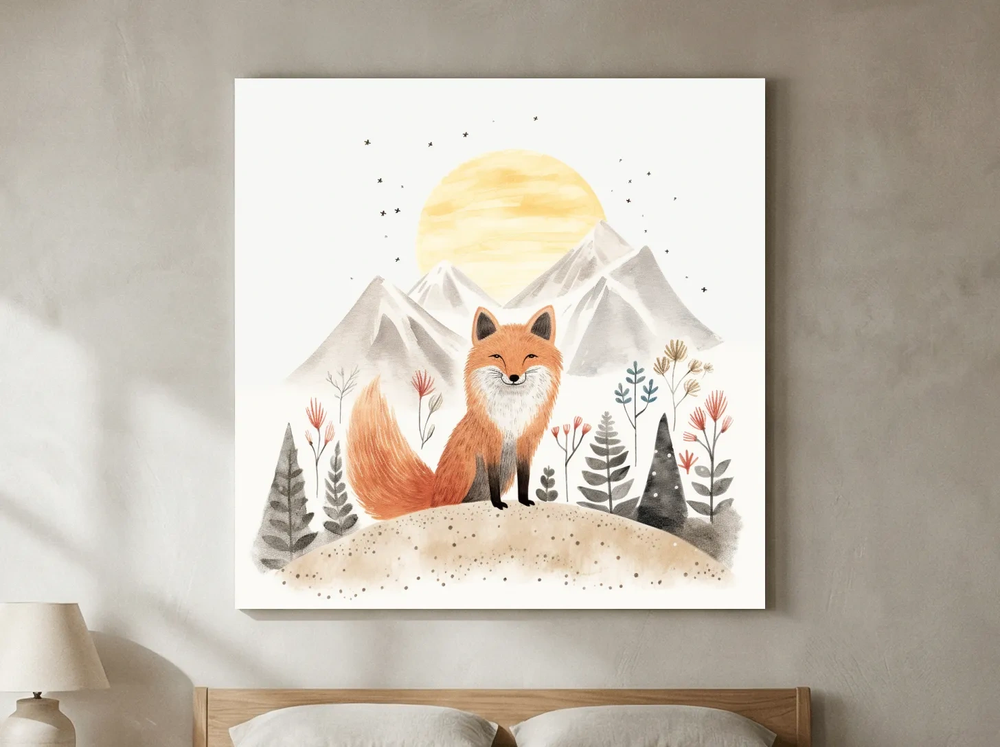 Whimsical Watercolor Fox Mountain Sunrise - Nursery Woodland Animal Wall Art