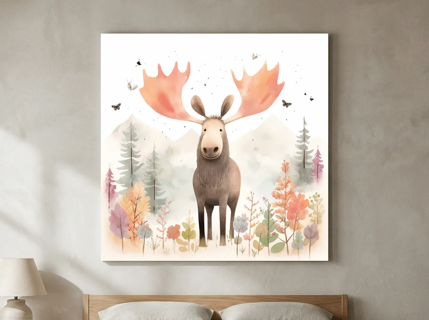 Whimsical Watercolor Moose In Pastel Forest - Storybook Nursery Animal Wall Art