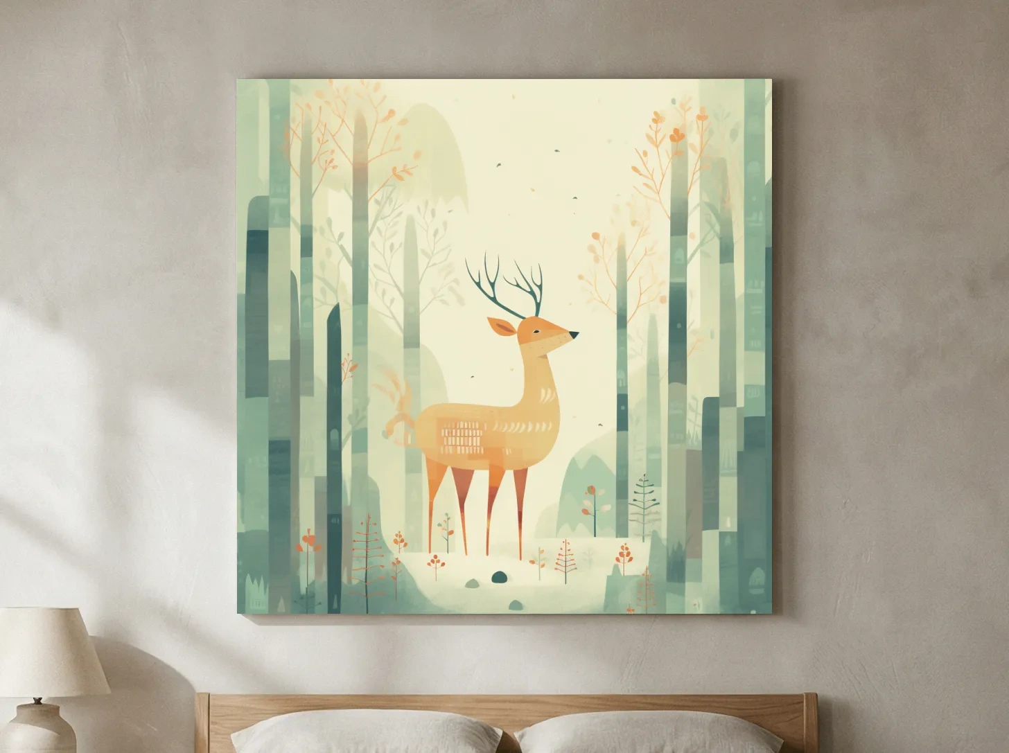 Whimsical Deer In Misty Forest - Minimalist Woodland Nursery Wall Art