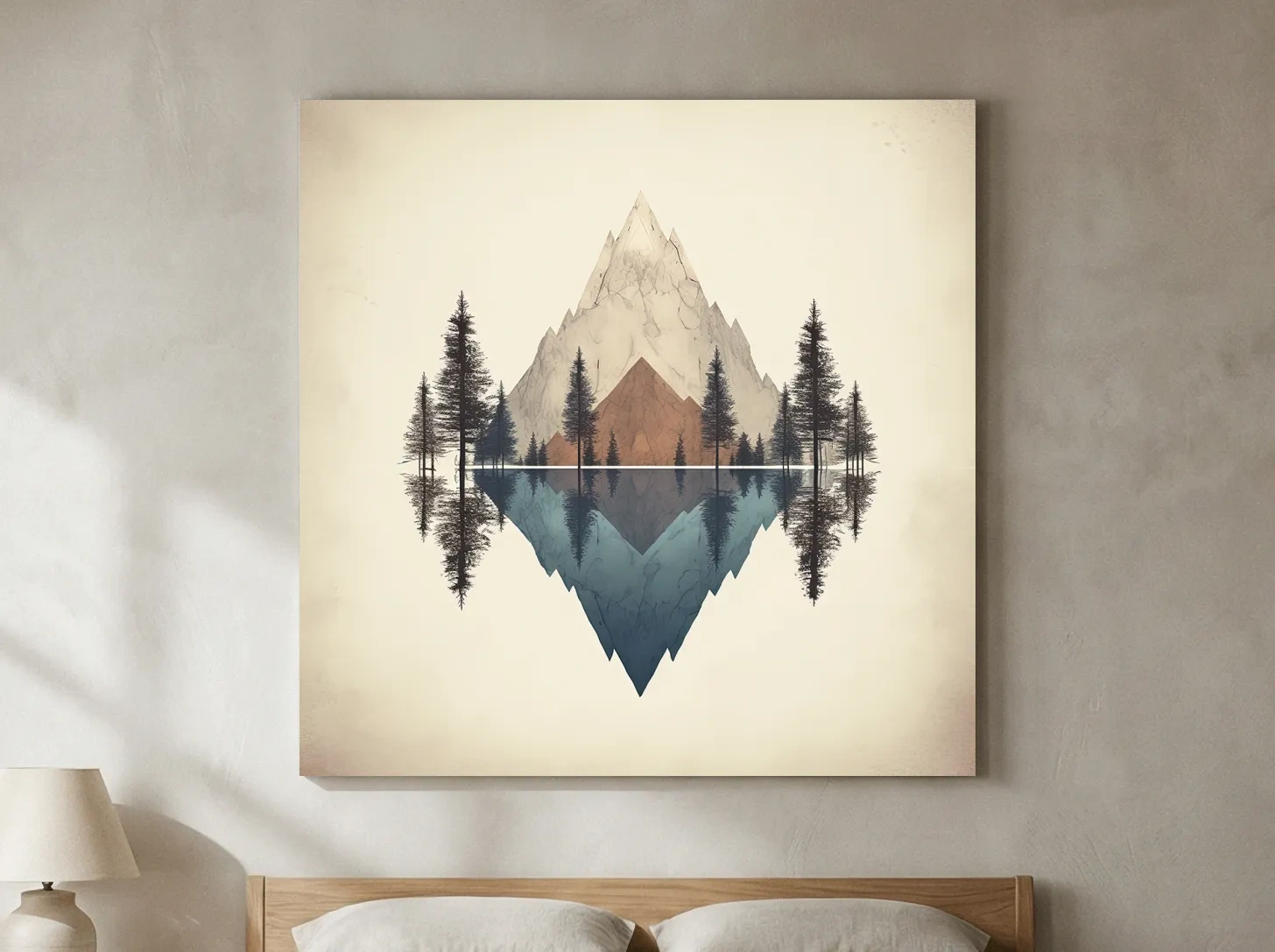 Minimalist Geometric Mountain Lake Reflection - Pine Forest Landscape Wall Art