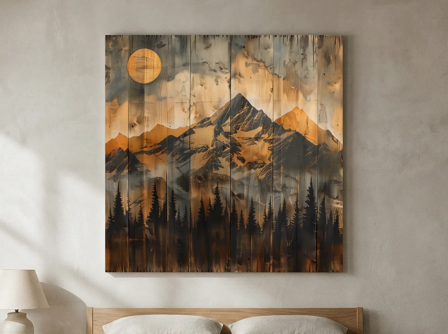 Rustic Woodgrain Mountain Sunset Artwork - Vintage Pine Forest Wall Art