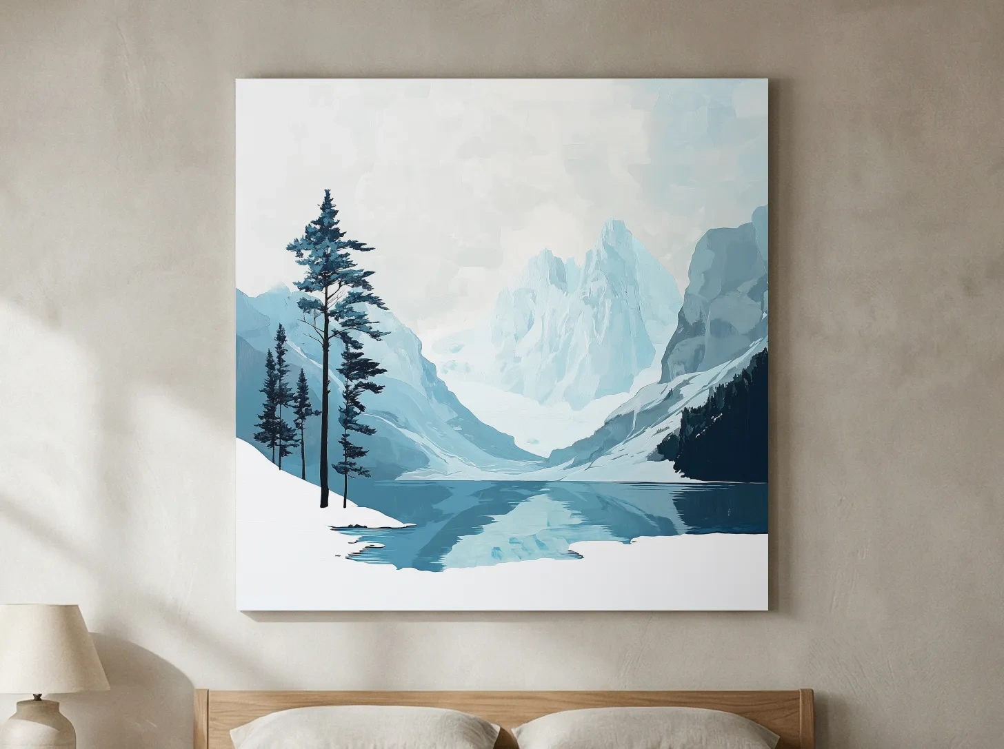 Minimalist Icy Mountain Lake - Scandinavian Winter Landscape Artwork