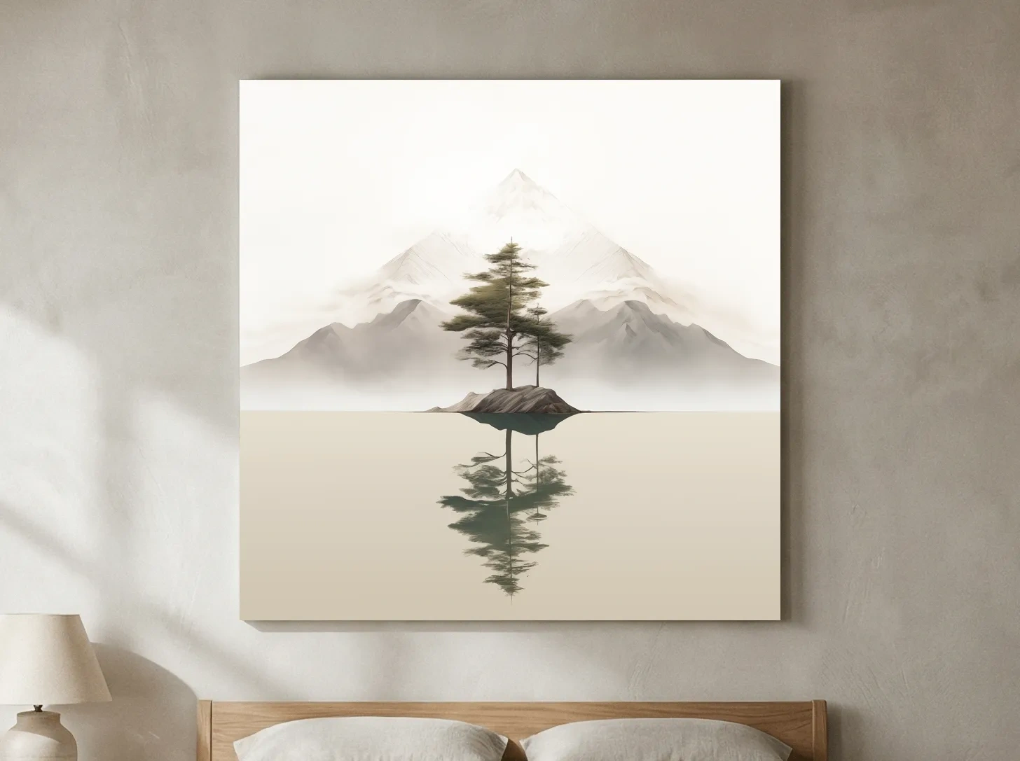 Minimalist Misty Lake Landscape Artwork - Serene Zen Pine Tree Reflection Art