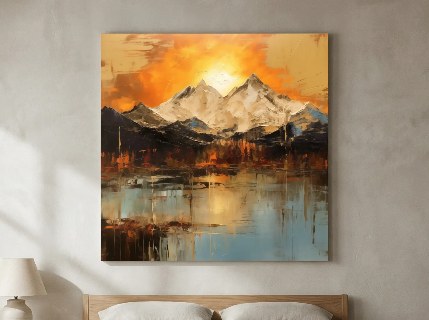 Abstract Mountain Lake Sunset - Textured Effect Alpine Wall Art