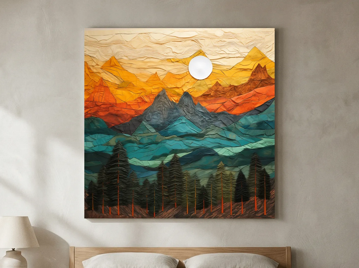 Layered Paper Cut Style Mountain Sunset - Colorful Abstract Forest Landscape Wall Art