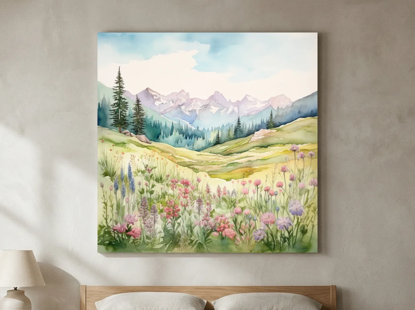 Alpine Meadows Wildflower Watercolour - Pastel Mountains Landscape Wall Art